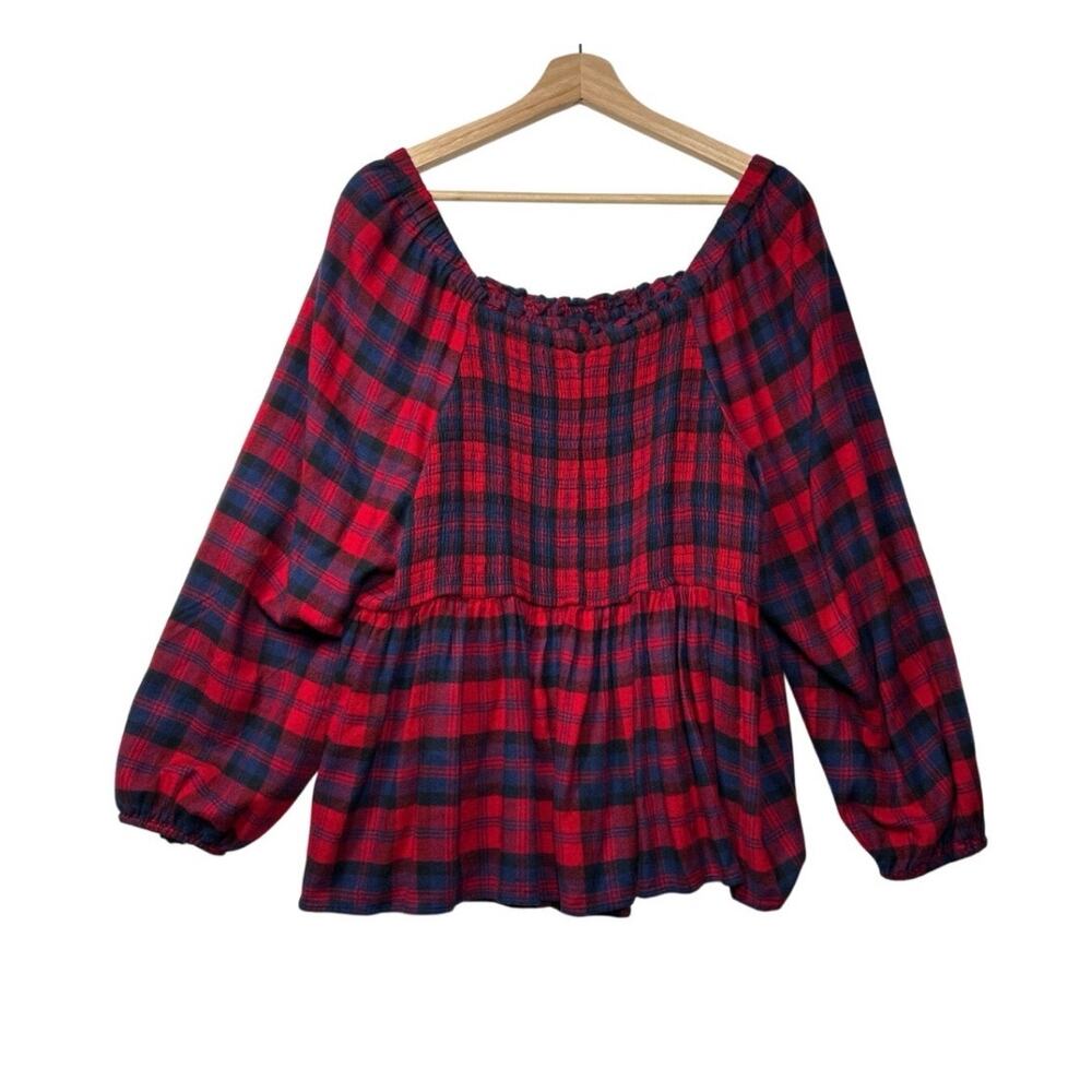Torrid Red Smocked Babydoll Top Flannel Buffalo Plaid Sz 3 / 3X Puff Sleeve - Picture 7 of 12